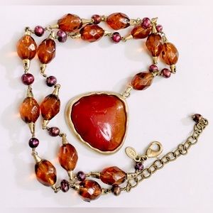 Super Cool Monet Fire Agate Glass Pearl Crystal Necklace